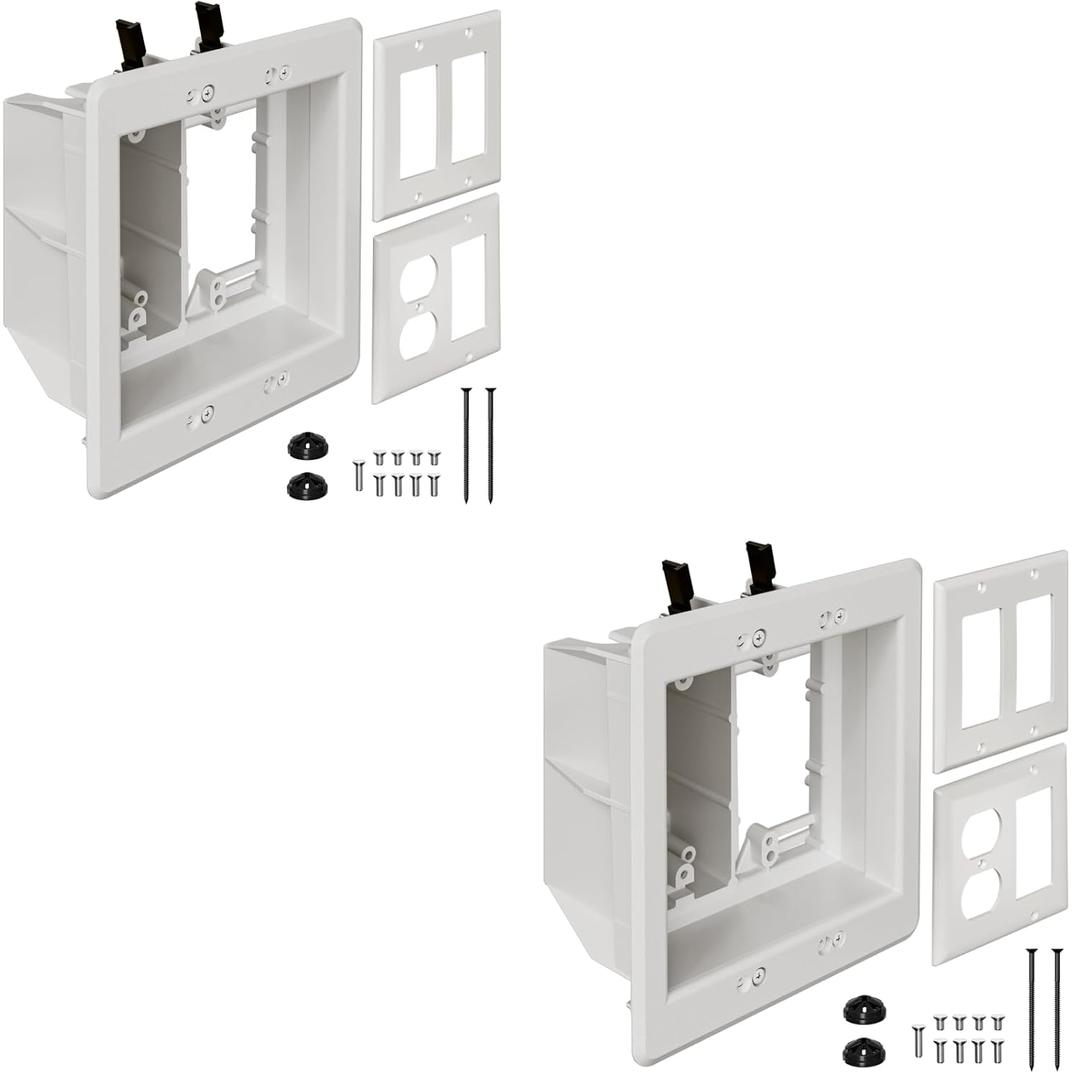 TVBU505-1 Recessed Outlet Box, 2Pcs Recessed Electrical Box for Wall Mount TV, Outlet Mounting Box for New Construction&Retrofit Projects, Wall Outlet Box with Duplex & Decorator Style Covers,2-Gang