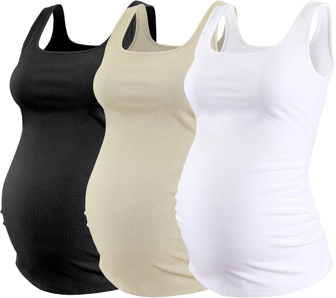 Ecavus Women's Maternity Tank Top 3 Pack Square Neck Ruched Side Soft Stretch Ribbed Comfortable Basic Shirt (Medium, Black+Oatmeal+White)