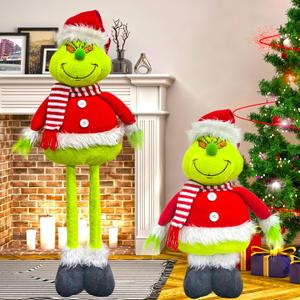 ONIBOGO 30Inch Large Christmas Standing Green Monster Figurine Extendable Christmas Plush Doll with Telescopic Legs Decorations Tabletop Fireplace Ornament Decor for Xmas Holiday Party Gift