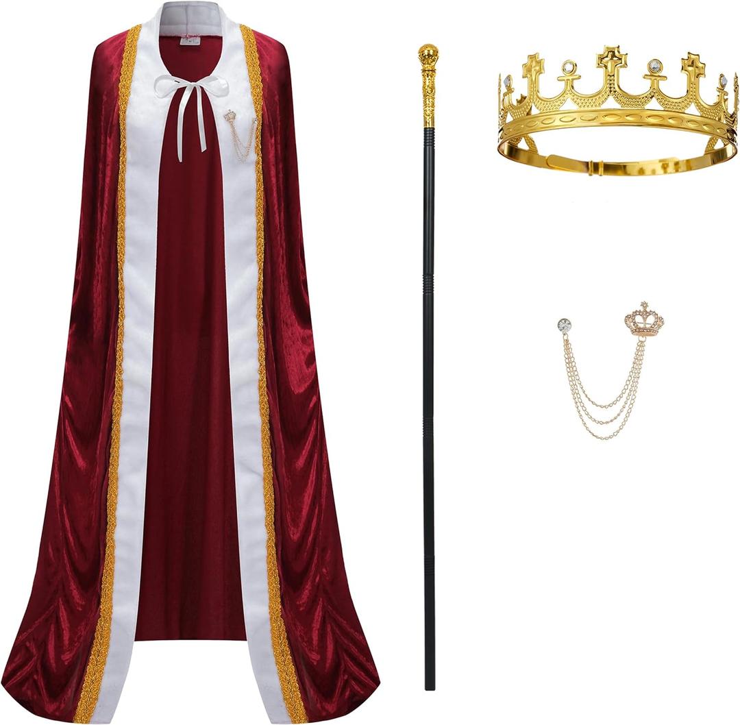 King Costume for Men and Women,Queen Costume,Adult King Cape Robe Metal Crown Scepter,Lord Farquaad Costume (Medium)