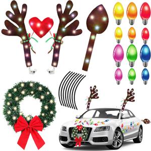 Cunno 3 Pack Christmas Reindeer Antlers Car Kit with LED Lights Christmas Car Decorations Light up Xmas Wreath Reflective Refrigerator Magnets Decals Auto Exterior Accessories