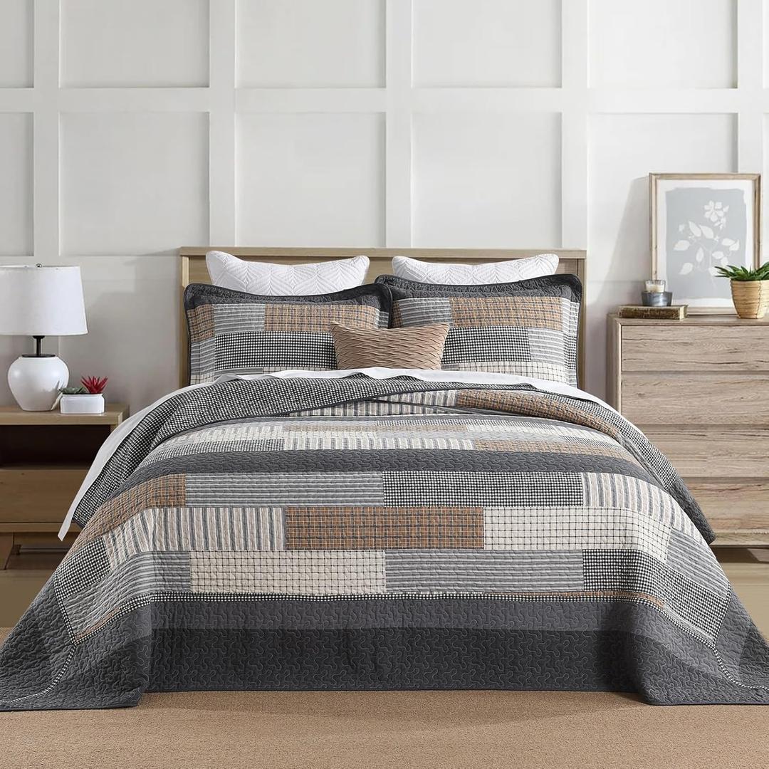 Finlonte 120"x120" Oversized King Bedspread - 100% Cotton Lightweight Quilted Bedspreads Coverlet Set, Farmhouse Stripe Bedding Reversible Oversized King Quilt with 2 Pillow Shams, Gray/Brown/Beige