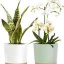 8'' Plastic Flower Planter Pots Set of 2 Indoor Outdoor Planters with Drainage Saucer for Garden Home (Green & White, 8 inch)