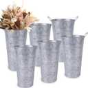 12 Inch Galvanized Metal Vases for Flowers - 5 Pcs Farmhouse Decorative Tall Flower Bucket with Handles, Rustic French Tin Planter Buckets for Wedding Decor (Silver)