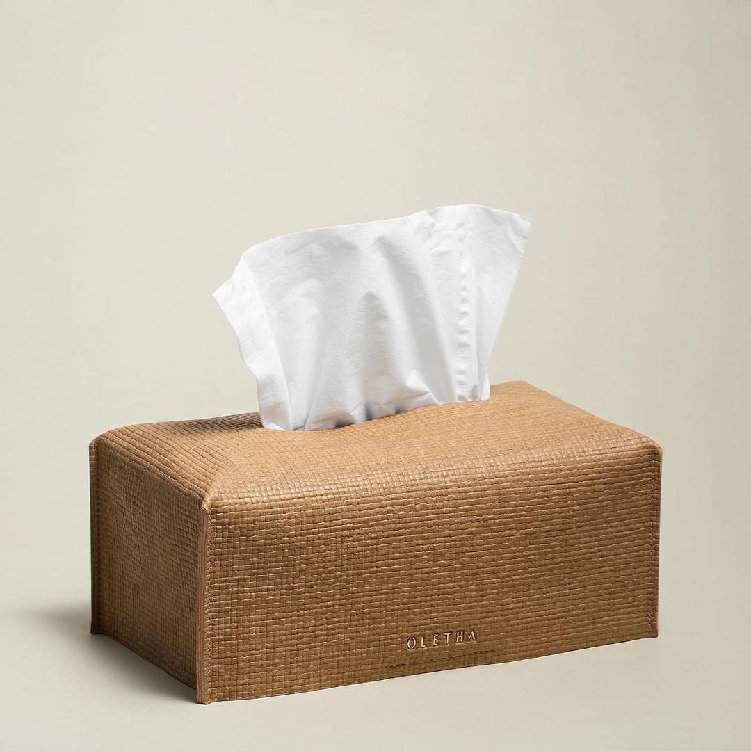 OLETHA Aesthetic Rectangle Tissue Box Cover, Medium Flat Box Tissues Holder Rectangular, Raffia Embossing, Wheat