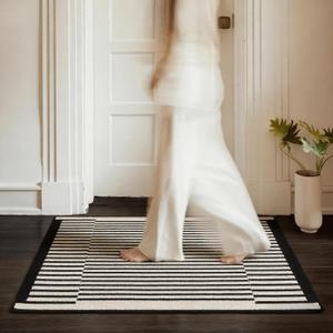 GRANNY SAYS Door Mat, 32" x 20" Welcome Mat Outdoor Rugs Non-Slip, Dirt Absorb Front Door Mat Outside Entrance, Low Profile Inside Floor Mat, Rugs for Entryway Indoor, Black & Beige Stripe