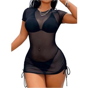 RoseSeek Women's Sheer Mesh Drawstring Ruched Swimsuit Beach Dress Bathing Suit Cover Up (Black, XS)