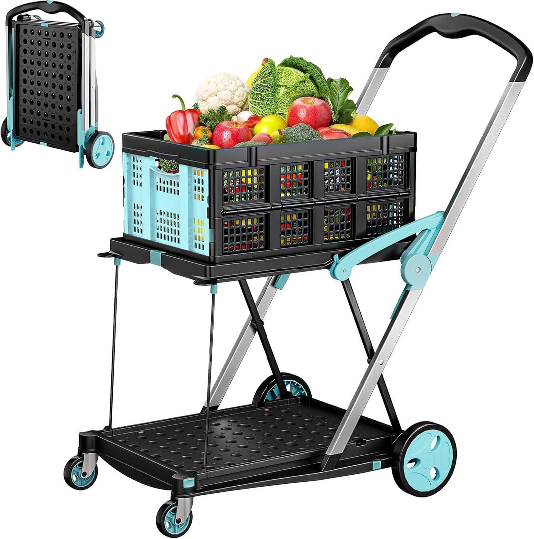 Foldable Shopping Cart, 200 lbs Capacity Grocery Carts on Wheels with Collapsible Crate Heavy Duty Collapsible Cart with Foot Brake for Groceries, Office, Warehouse and Supermarket (1 Storage Crate)
