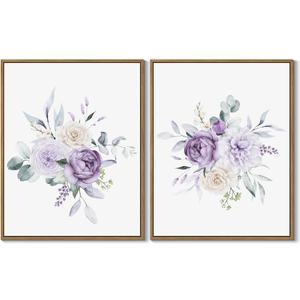 Set of 2 Watercolor Floral Wall Art Purple Blossom Peony Canvas Art Prints Nature Flower Botanical Wall Decor Framed and Ready to Hang for Living Room Bedroom Bathroom Home Wall Decoration, 11x14 Inch