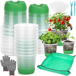 Caffox 49PCS Reusable Seed Starter Kit Includes 24 Packs 3 Sizes Clear Nursery Pots with Silicone Base, Repotting Mat, Gardening Gloves, Plant Labels and Seedling Tools for Easy Transplant
