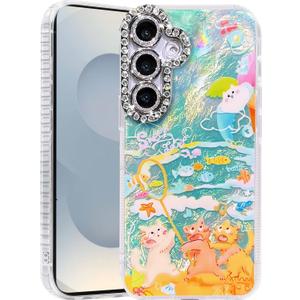 Compatible with Samsung Galaxy S24 Plus & S25+ Case,with [Shockproof Protective][Camera Protection] Cute Fishing Cats Shiny Aesthetic Phone Cover Shockproof Protective Cover for Women Girl