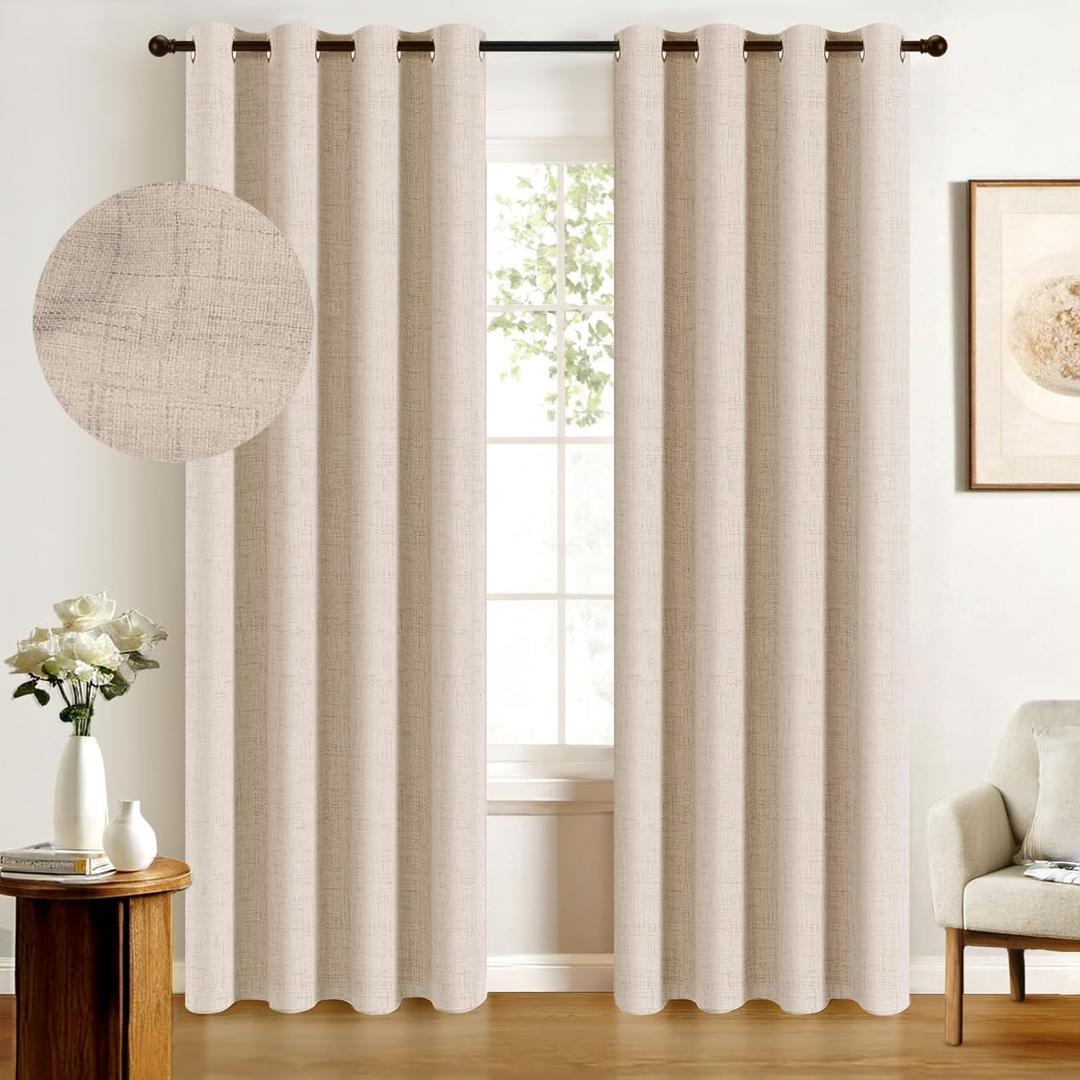100% Blackout Shield Linen Blackout Curtains for Bedroom, Oatmeal Grommet Curtains for Living Room, Thermal Insulated Room Darkening Drapes for Nursery, Fall Home Decor, 50" W x 102" L, 2 Panels