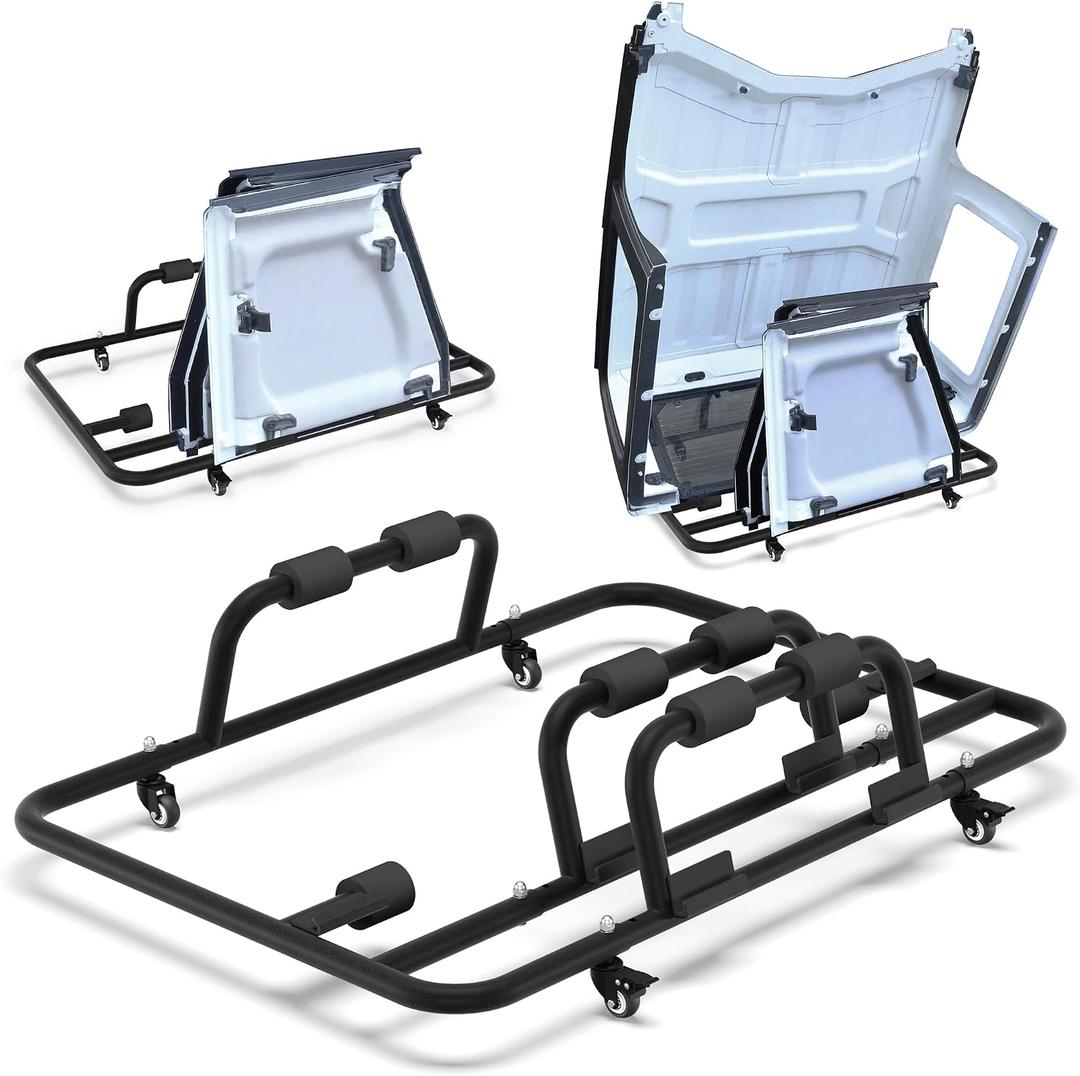 Jeep Hardtop Storage Rack for Wrangler CJ-7 YJ TJ JK JL (1976-2025), Rolling Carbon Steel Hard Top Storage System with Wheels