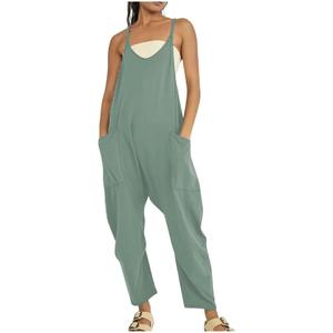 Rompers for Women Casual Summer Jumpsuits Sleeveless Loose Spaghetti Strap Overalls Jumpers (Green)