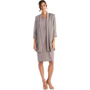 Elegant 2 PC Metallic Knit Classic Jacket Dress W/Detachable Necklace (16 Plus, Champagne)