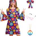 BesserBay Girl's 4 Pcs Halloween 70s Hippie Dress Bell Sleeve Floral Printed Outfit  10 Years (M)