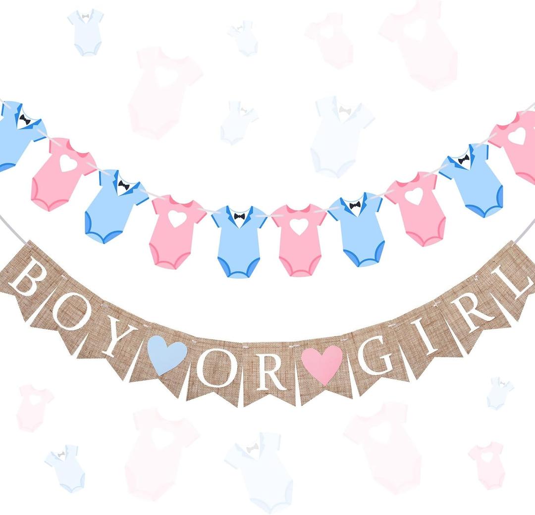 Trandraft 2 Pcs Party Decorations Pre-Strung Boy or Girl Burlap Banner and Garland He or She Sign for Gender Reveal Welcome Baby Shower Birthday Party Decorations(Bodysuits,Pink, Blue)