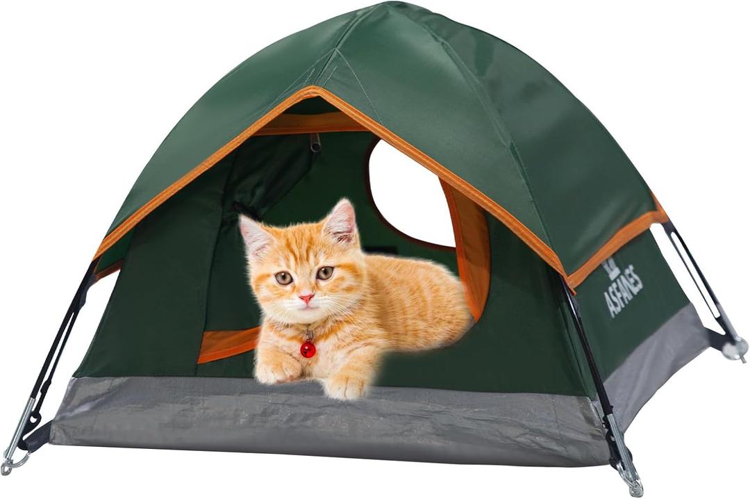 ASFANES Camping Cat Tent, Outdoor Waterproof Cat Or Small Dog House 21.6x21.6x14.9'', Army Green, S.(The Pole has Been Improved).