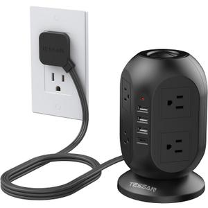 Surge Protector Power Strip Tower, TESSAN 10 ft Flat Extension Cord with Multiple Outlets, 8 AC Outlets 4 USB Ports (1 USB C), Charging Station with Surge Protection for Home Office Dorm, Black