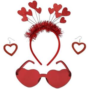 DONCIDAY Red Heart Shape Headband Glitter Sunglasses Sequin Earrings Valentines Day Halloween Cosplay Costume Accessories Set, 2 Pack