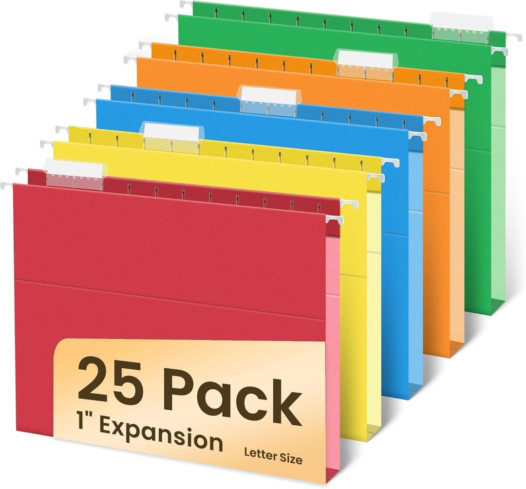 SUNEE Hanging File Folders Extra Capacity Assorted Colors, 25 Pack Letter Size File Folders with 1/5-cut Tabs, Heavy Duty 1 Inch Expansion, Stay Organized for Your Home and Office Bulk File