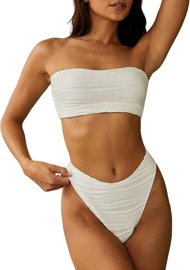ZAFUL Women Strapless Textured Bandeau Bikini 2 Piece Swimwear Cheeky Solid Lace up Bathing Suits (Medium, 1-white-ch)