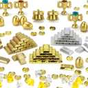 Treasure Gold Gems 230 Pcs Play Money Toy Chest Gold Coins Bars Golden Eggs Trophies Crown Jewels Diamonds Crystals Banknotes Cash Building Blocks Accessories for Medieval Kingdom Pirate
