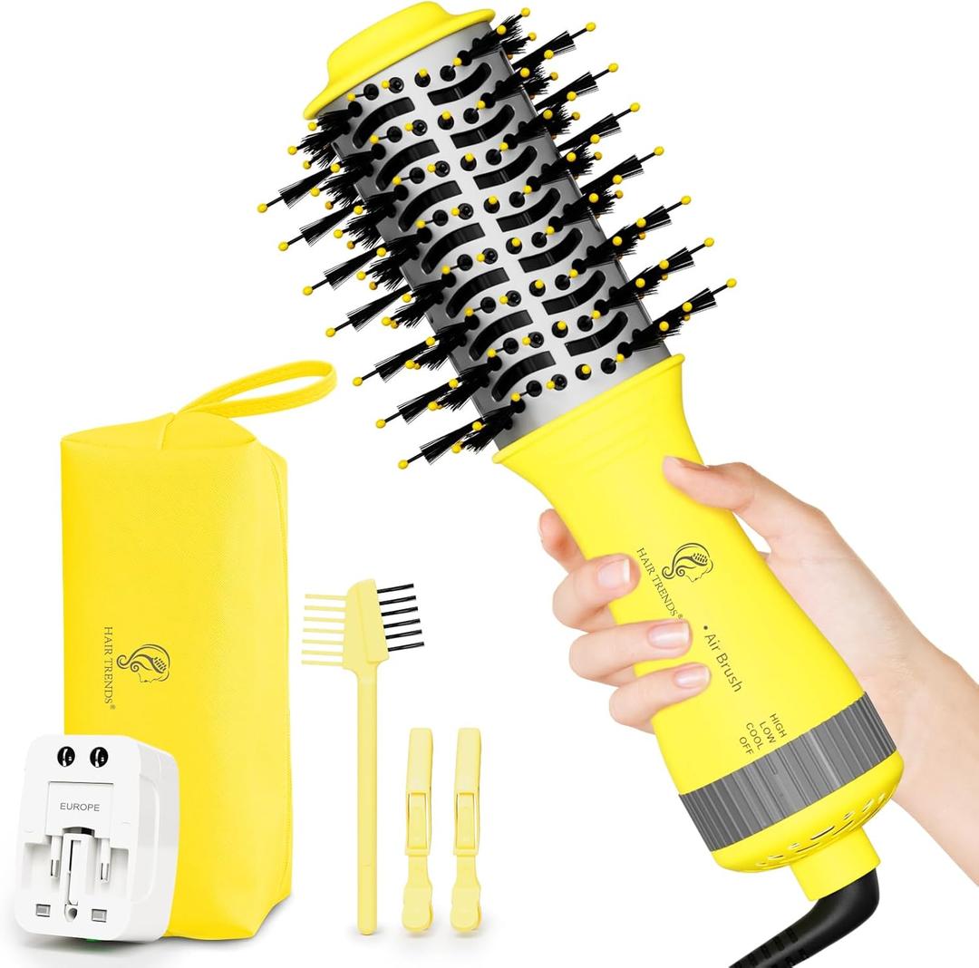 Auto Dual Voltage Hair Dryer Brush with European Travel Plug, Compact 2 Inch Oval Barrel One Step Hair Dryer & Styler Volumizer, Europe Travel Essentials for Women (Lemon)