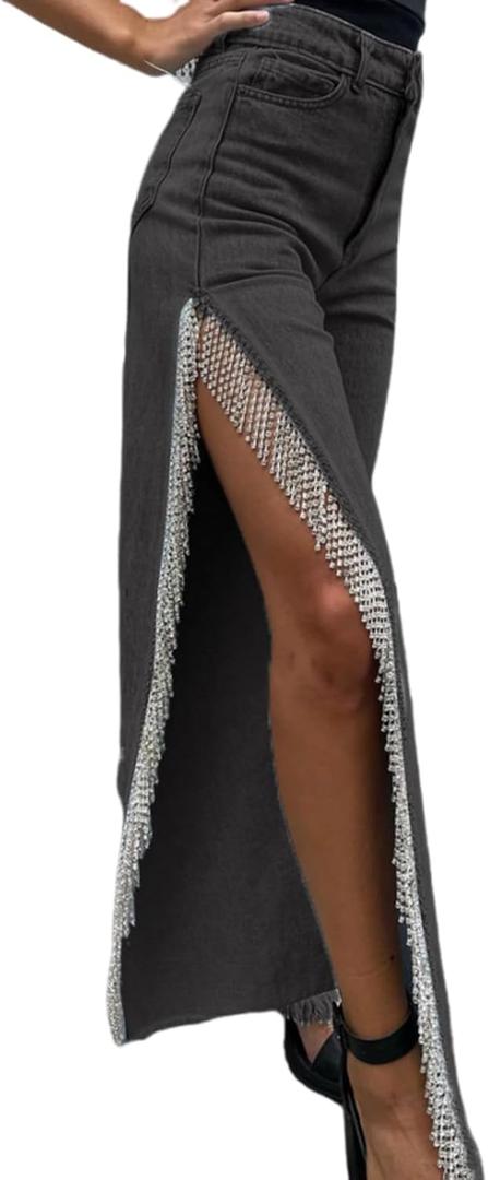 Women High Waisted Jeans Straight Wide Leg Pants with Rhinestone Fringe Trim Split On The Side (XL, Grey)