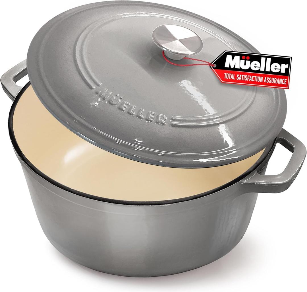 MELLERHOME 4.5 QT Enameled Cast Iron Dutch Oven, Heavy-Duty Casserole Dish and Braiser Pan with Lid and Stainless Knob, Safe for All Cooktops, Grey (4.5 Quart)