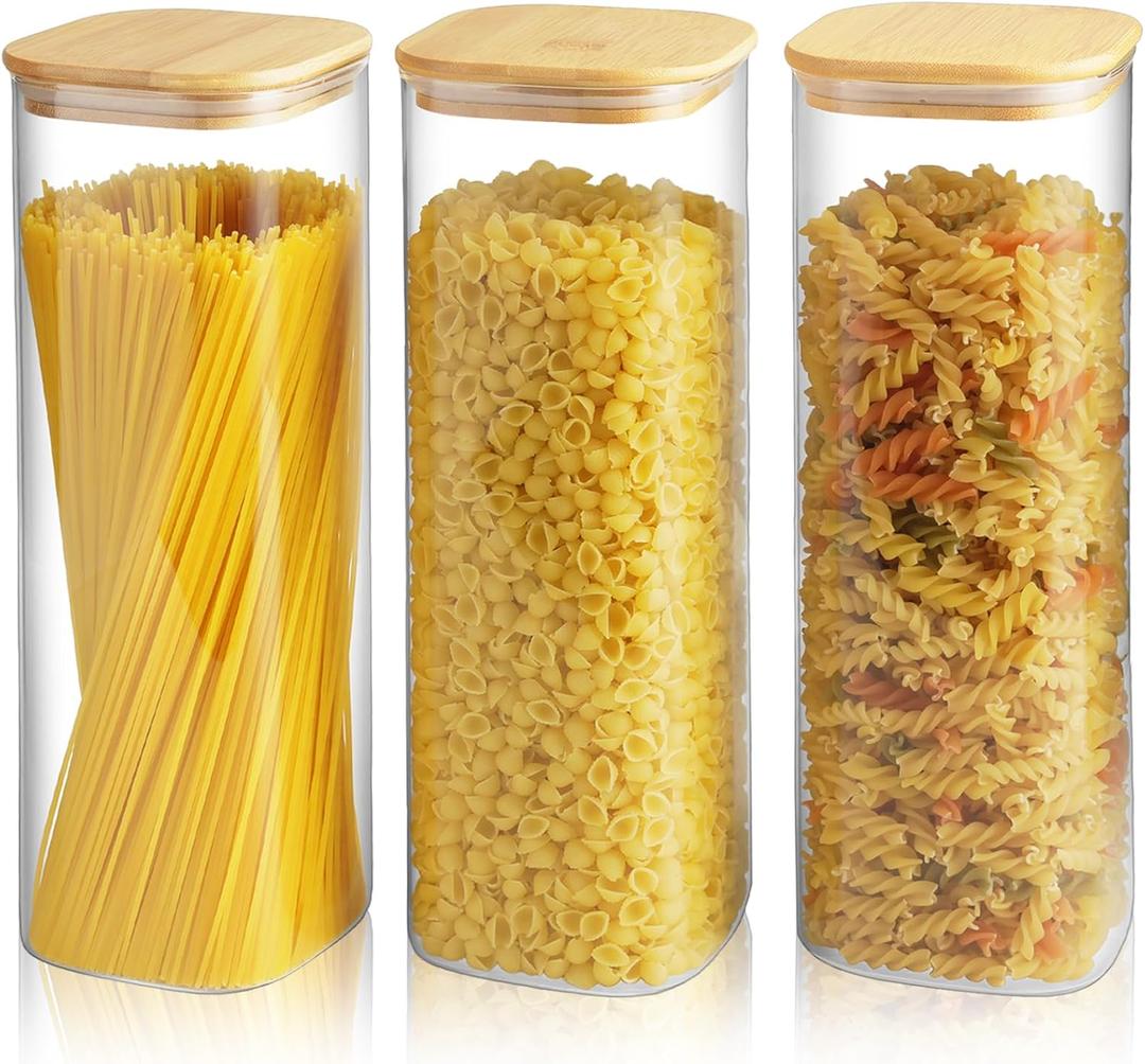 82 Oz Glass Storage Containers with Bamboo Lids, Square Glass Canister Sets Clear Glass Pantry Storage Containers with Lids for Cookie Flour Oat Pasta Tea Coffee Bean, Set of 3