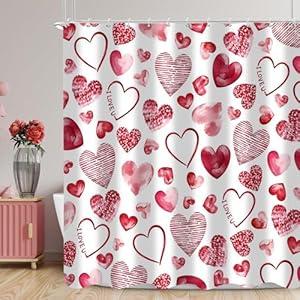 GKLEASG Valentine's Day Shower Curtain Red Pink Loving Hearts Romantic Theme Bathroom Curtains Waterproof Fabric Bathtub Curtains Set with Hooks 72"x72"