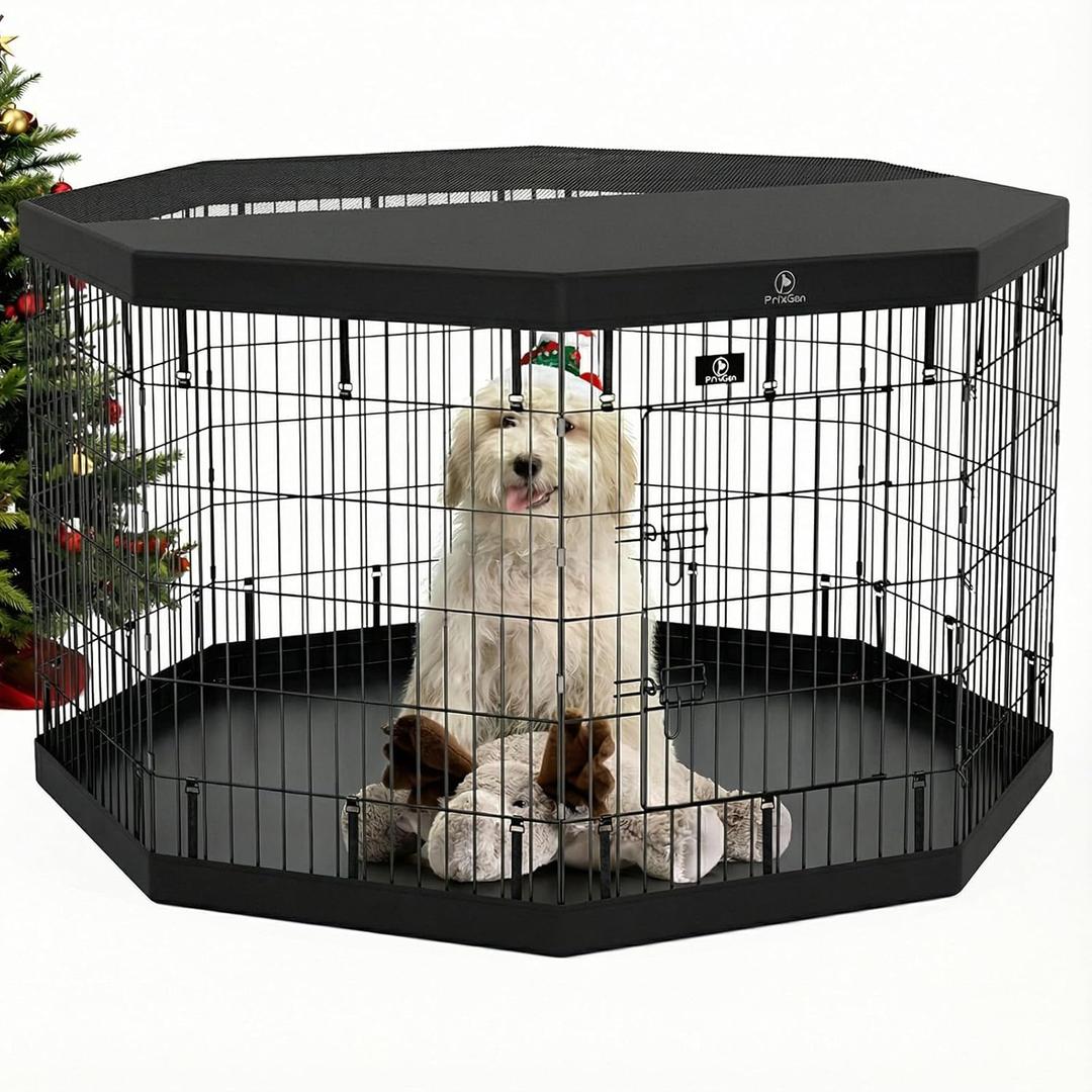 PJYuCien Dog Playpen - 8 Panels 36H Metal Foldable Dog Exercise Pen, Pet Fence Puppy Crate Kennel Indoor Outdoor with Top Cover & Bottom Pad for Medium Large Pets (Black)