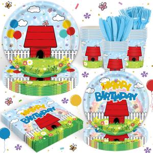 120 Pcs Pack Cartoon Dog Red House Party Supplies Cartoon Tableware Set Kids Boys Girls Birthday Party Decoration Red and Blue Disposable Tableware Party Kids Decoration
