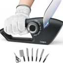 Longzon 6-in-1 Knife Sharpener 5 Stage with Cut-Resistant Glove, Manual Kitchen Tool for Straight & Serrated Knives, Quickly Sharpens Restores & Polishes Dull Blades Safe for Home Kitchen (Black+Grey)