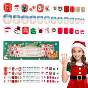 Kids Press on Nails Christmas Nails for Girls Fake Nails 72PCS Nail Tips pre Glue Full Cover Short False Fingernails for Girls Kids Nail Decoration (Golden Christmas Snow)
