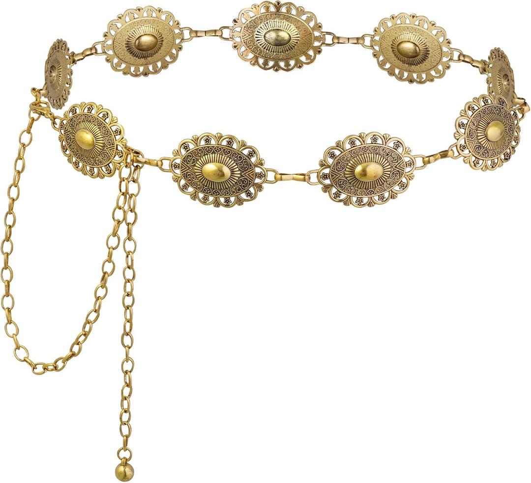 Western Oval Concho Chain Belt for Women Metal Waist Chain Belt for Dresses Jeans Western Cowgirl (Gold)