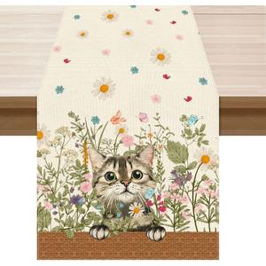 XCHI Wildflowers Cat Daisy Spring Table Runner Summer Table Decoration for Party Home Kitchen Dining Holiday Decor 13x90 Inch