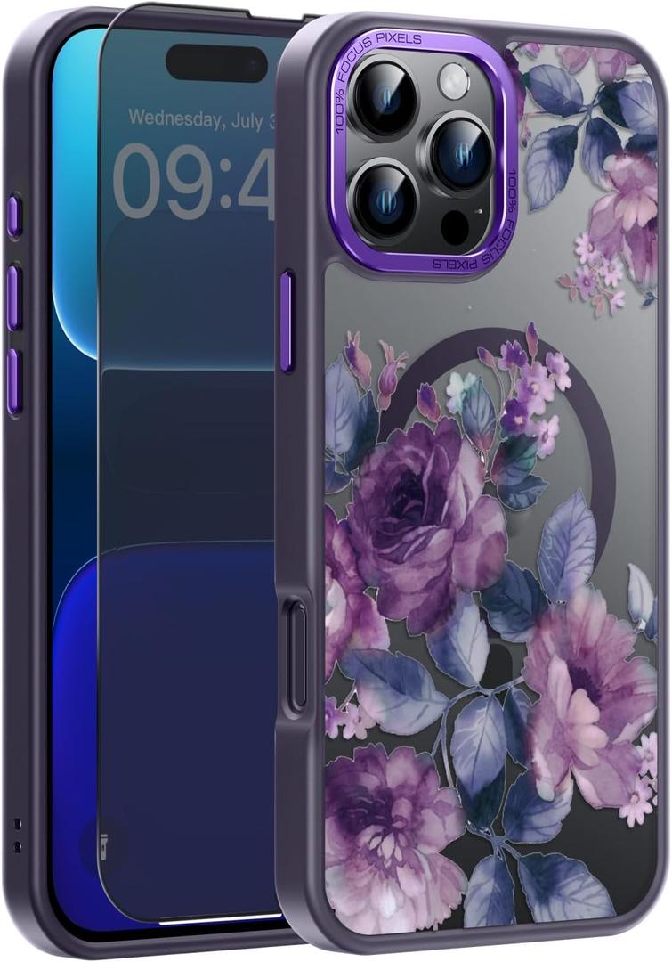 Goodon for iPhone 16 Pro Case with Privacy Screen Protector, Compatible with Magsafe, Shockproof Translucent Matte Cover - Cute Floral Design Phone Case for Women and Girls - Purple Blossoms