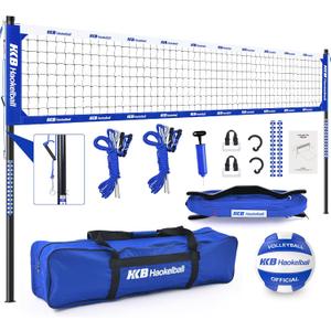 Haokelball Outdoor Portable Heavy Duty Volleyball Net Set for Backyard with Adjustable Height Poles, Net Tension Adjuster, Volleyball, Pump, Boundary Line and Carry Bag