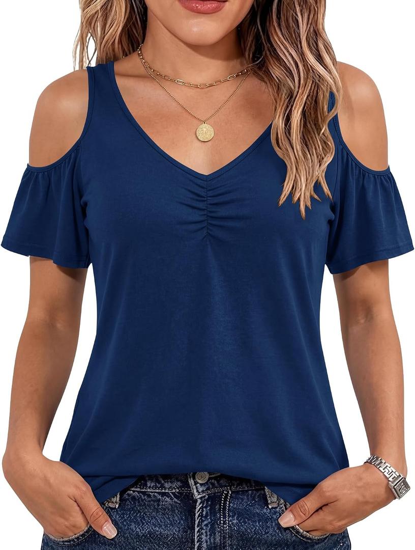 Micoson Summer Cold Shoulder Tops for Women V Neck Short Sleeve Shirts Ladies Cute Casual Blouse Going Out Outfits (S)