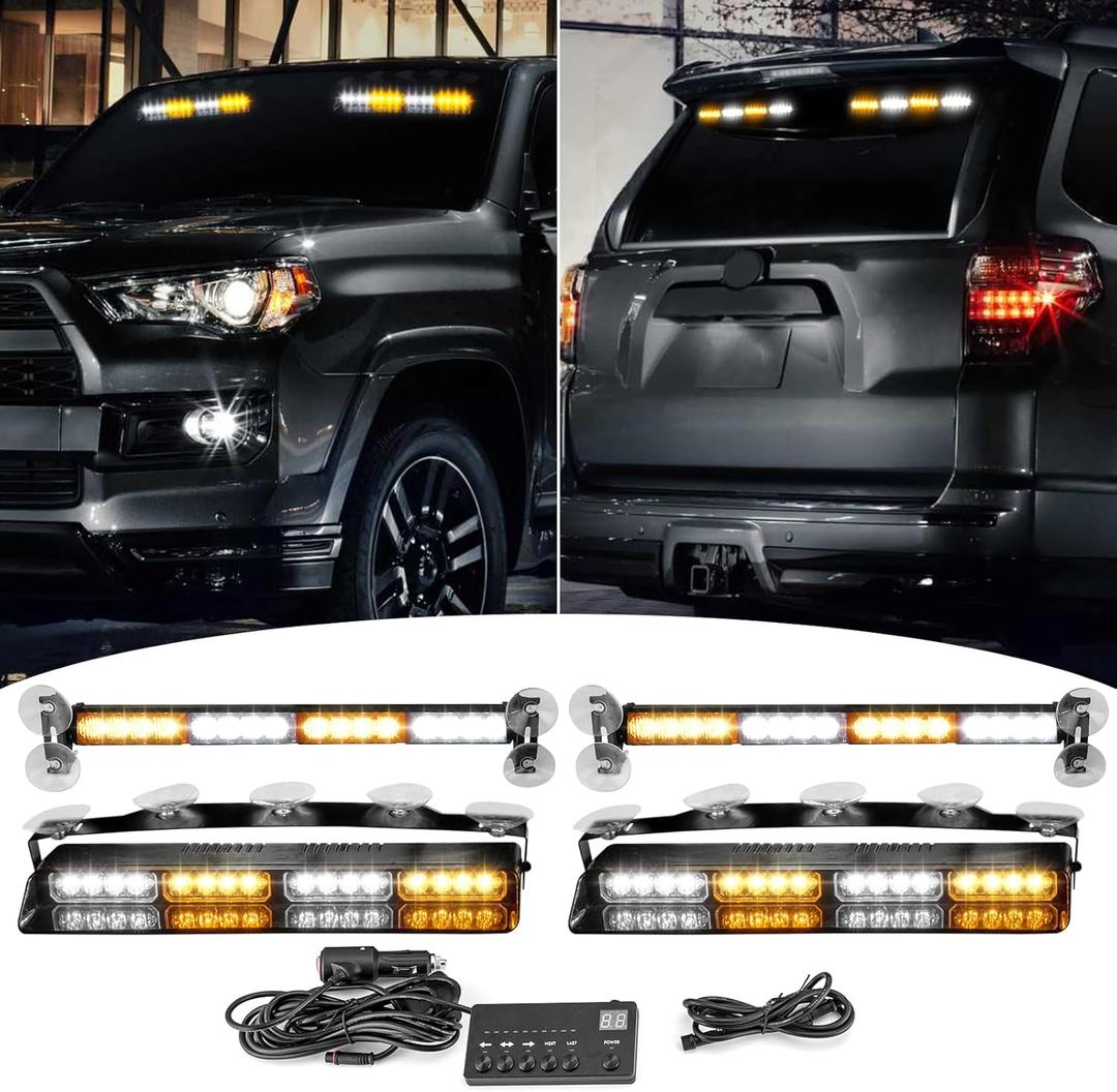 Wsays 2x14 and 2x17 inch Front & Rear Amber White Windshield LED Strobe Light Bar Compatible with Construction Snow Plow Vehicles Tow Trucks