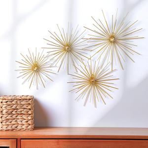 Shimeyao 4 Pcs Metal Starburst Wall Decor Gold Metal Wall Art 3D Spike Bling Finish Star Burst Hangings Accents Sculptures Set Modern Mid Century Decorations for Living Room Bedroom Entryway