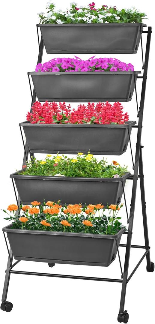 GENMOUS 4 Tier Raised Garden Bed Tall 45'' Vertical Elevated Garden Planter Standing Garden Bed Planter Box with Drainage Holes Removable Tray Outdoor Herb Planter Stand on Patio Balcony Porch Black
