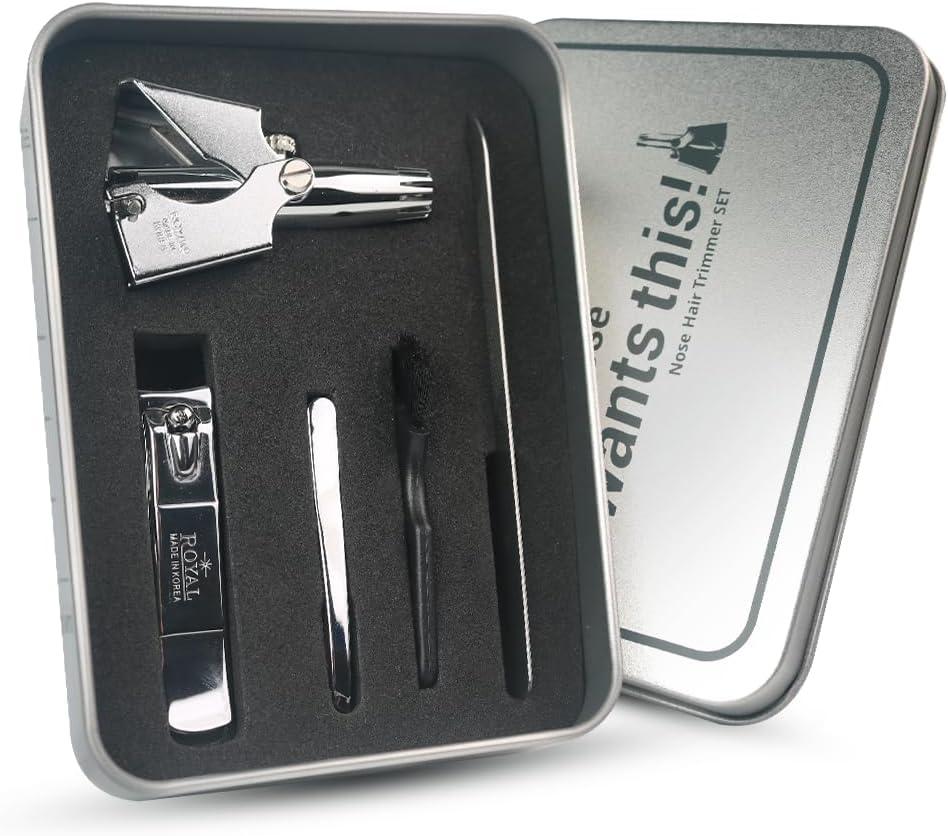 ROYAL [Made in Korea] Nose Hair Trimmer for Men Set, Birdie Set, with Nail Clippers and Tweezers, Manual, Battery-Free, Waterproof, Painless with Twelve Dual-Edged Blades, Patented Mechanism RET-4 (Silver Set)
