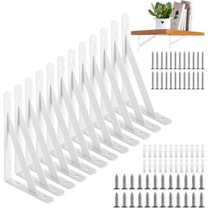 JMIATRY 12PCS White Shelf Brackets 6 Inch White L Bracket for Shelves, Wrought Iron Heavy Duty Triangle Shelf Brackets 6 Inches, Wall Mounted Floating Corner Shelving Bracket with Mounting Screws