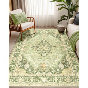Area Rugs 5'x7' Washable Non-Slip, Floral Vintage Distress Print Pattern Medallion Carpet for Living Room Bedroom Dining Room, Sage Green Yellow (5x7, Green/Yellow)