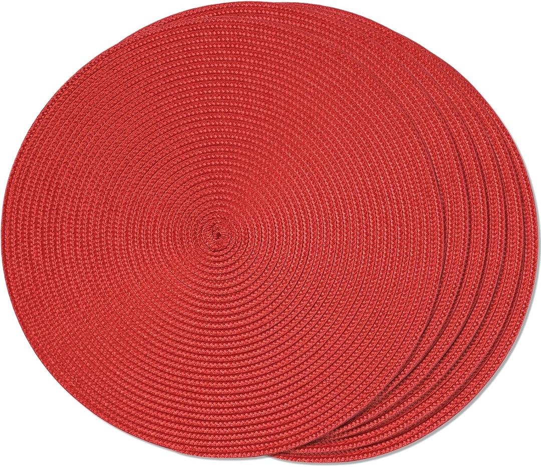 FunWheat Round Braided Placemats Set of 6 Table Mats for Dining Tables Woven Washable Non-Slip Place mats 15 inch (Red, 6pcs)