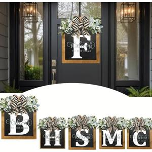 16 Inch Last Name Year-Round Front Door Wreath with Family Surname Welcome Logo for Front Door Outside Wall Window Festival Porch Farmhouse Patio Garden Decor-F