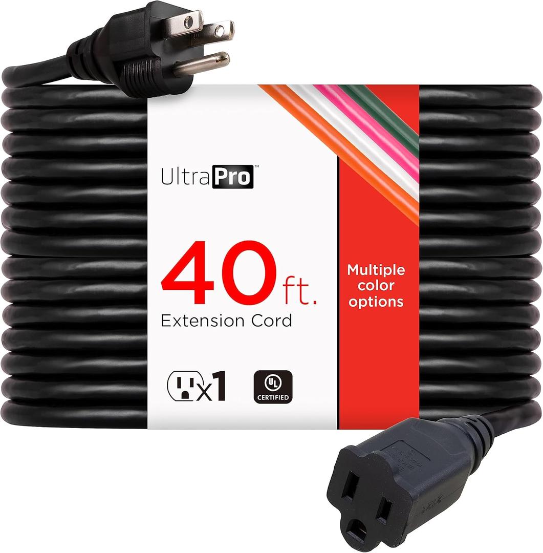 UltraPro Outdoor Extension Cord, 40 Ft, Heavy Duty Extension Cord, ETL Certified 3 Prong 16 AWG 125 VAC Outdoor Multipurpose Long Power Cord, 1 Pack Black, 36826